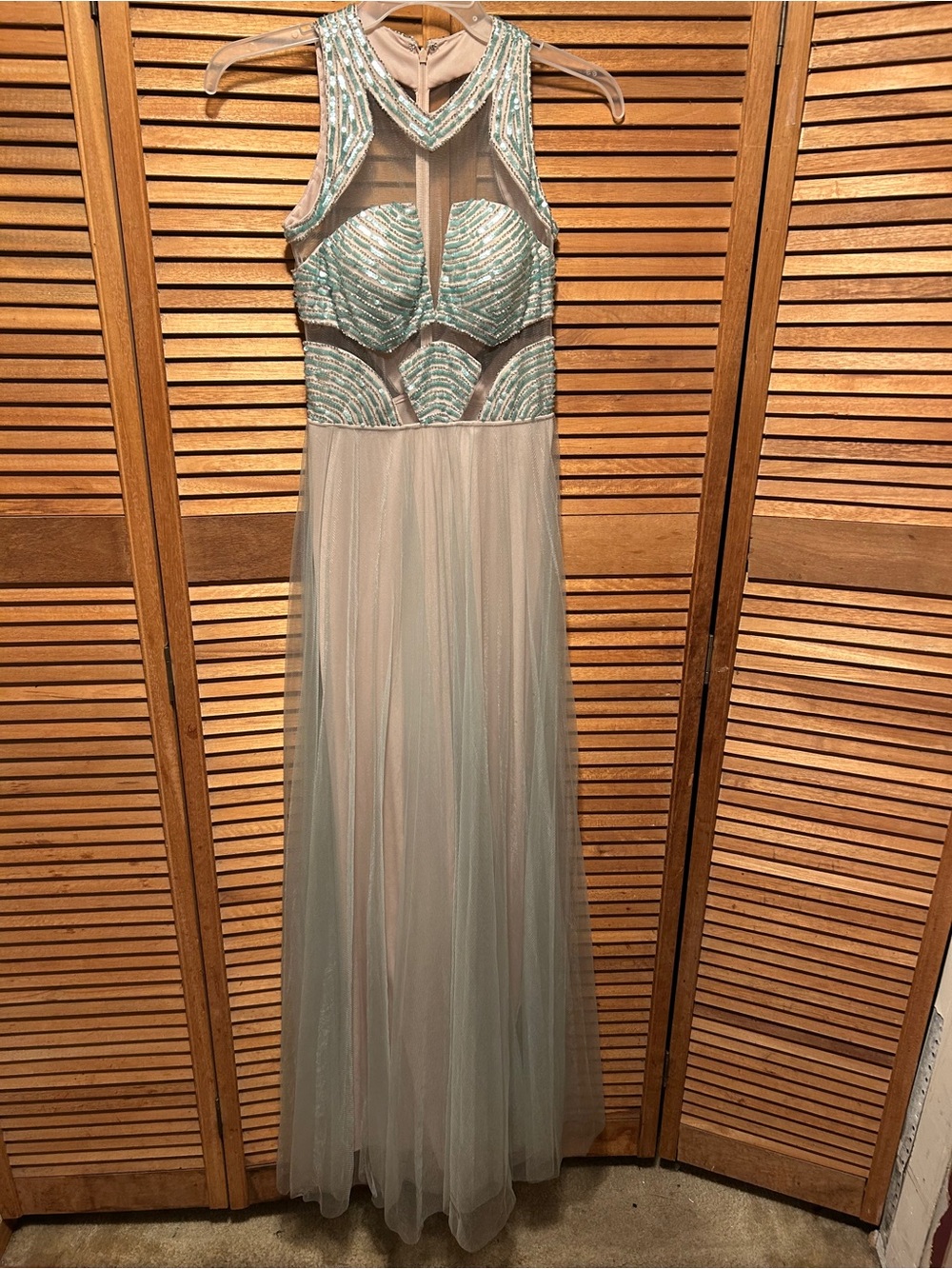 Mignon Aqua & Nude Beaded & Sequins Sheer Cutout Illusions Maxi Gown